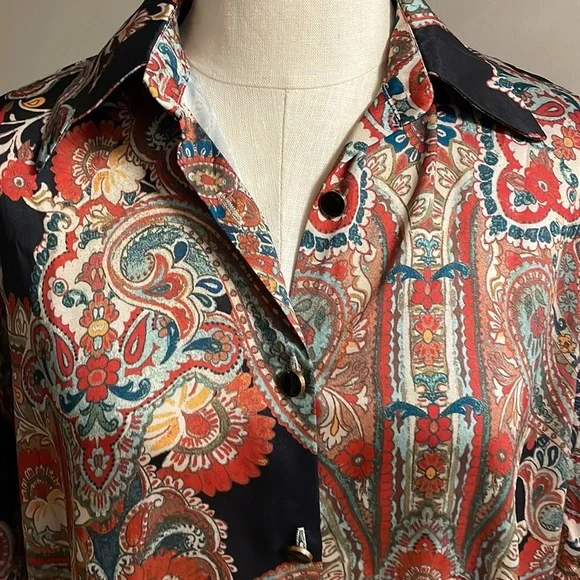 SHEIN multi paisley floral Boho satin feel button down shirt oversized Small - Picture 3 of 11